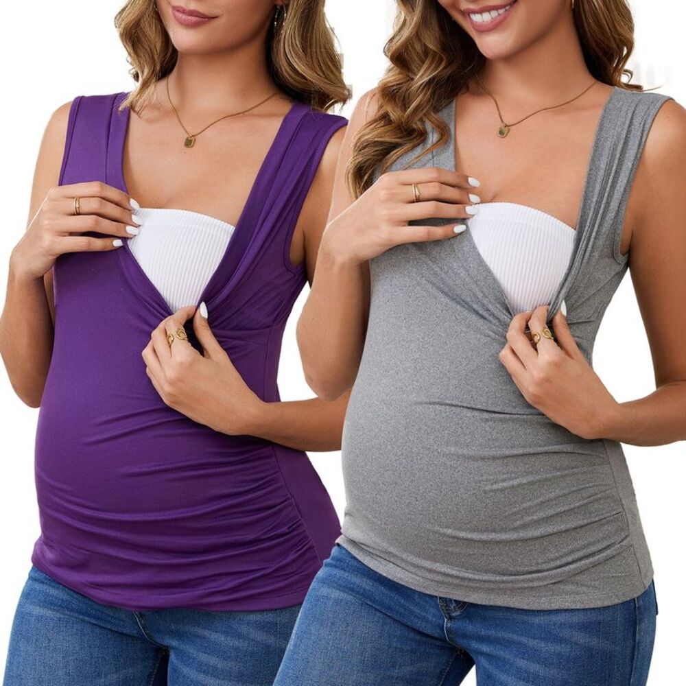 2-Pack Nursing Tank Wrap Ruched Breastfeeding Maternity Tops Gray&Purple
